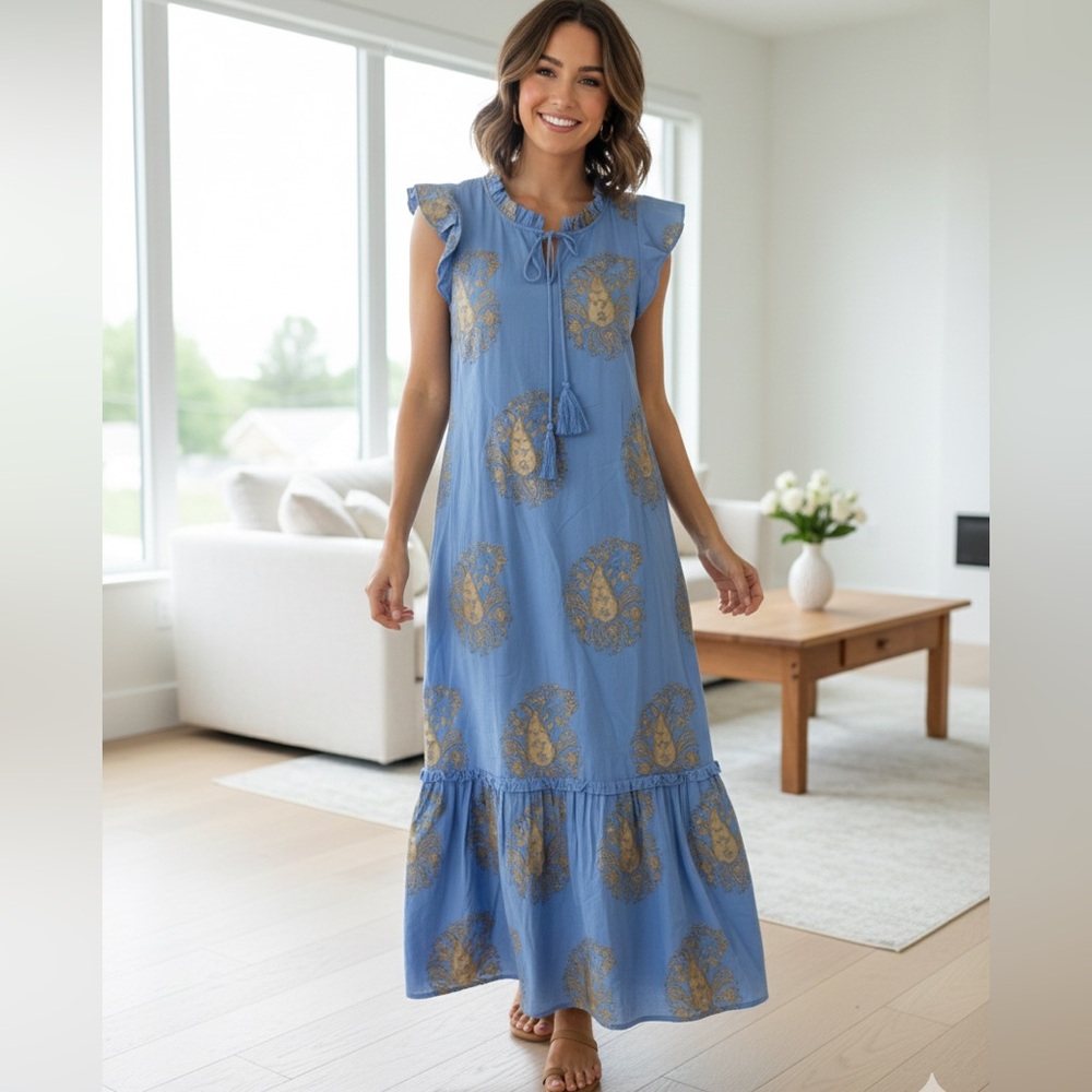Fitzroy & Willa Blue Gold Medallion Midi Maxi Caftan Dress Medium